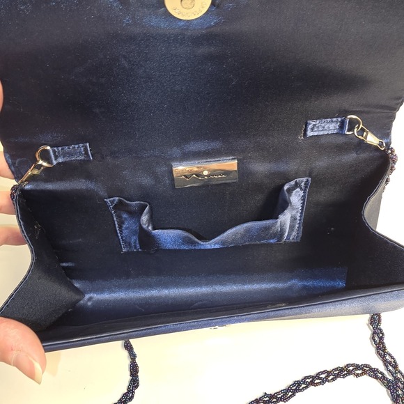 Navy Classic Pleated Satin Evening Bags Rhinestone Clutch Purse Beaded Chain - Picture 3 of 8